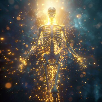 A conceptual image of the skeletal system with a glowing aura, repelling pathogens and symbolizing bone health and strength , 8K resolution