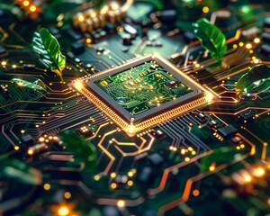 Futuristic concept of a chip evolving into a living organism, blending organic and synthetic elements seamlessly , close up