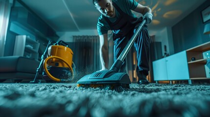 Low angle shot of cleaning carpet with vacuum cleaner in living room. - obrazy, fototapety, plakaty