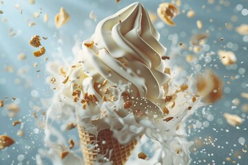 Ice cream, pancakes whirl in tornado, vintage film lighting, oblique angle, soft focus , unique hyper realistic