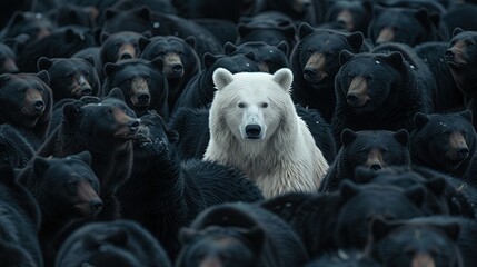 Stand out in the crowd. Concept: A white bear in a large herd of black bears.
 - obrazy, fototapety, plakaty