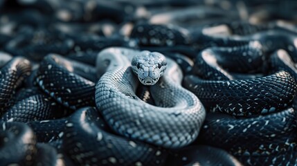 Stand out in the crowd. Concept, White python in a group of large black pythons. - obrazy, fototapety, plakaty