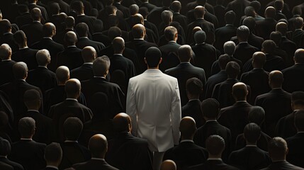 Stand out in the crowd concept, a man wearing a white suit in a crowd of oversized black suits.