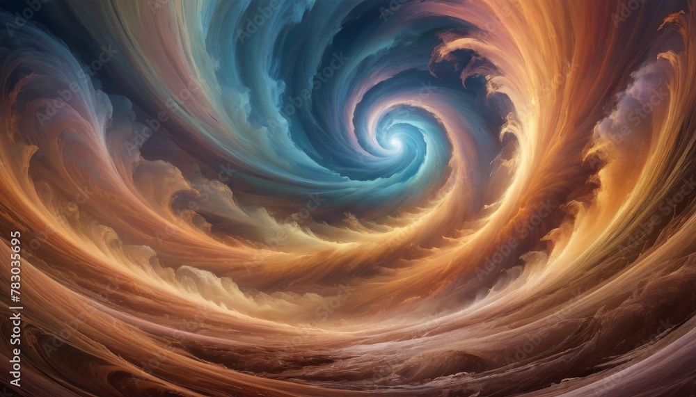 Poster a mesmerizing abstract depiction of a swirling vortex in shades of blue and orange, suggesting movem