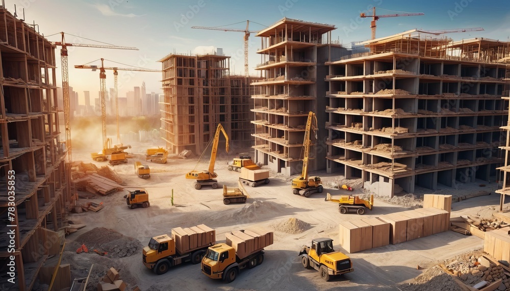 Poster in the midst of a dusty haze, construction vehicles and structures stand against a backdrop of a dev