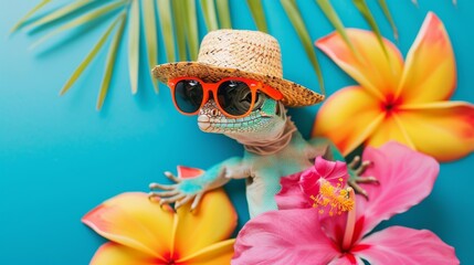 A colorful iguana wearing sunglasses and a straw hat poses playfully among vibrant tropical flowers against a bright blue background in a lively, summery atmosphere