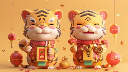 Set of two tigers for Chinese New Year. One grinding the inkstone and the other holding a couplet with Blessings and Luck written on it.