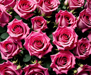 A pink rose bouquet with many roses arranged in a vase.