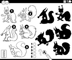 finding shadows game with cartoon squirrels coloring page