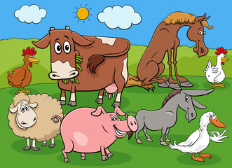 funny cartoon farm animals characters group - obrazy, fototapety, plakaty