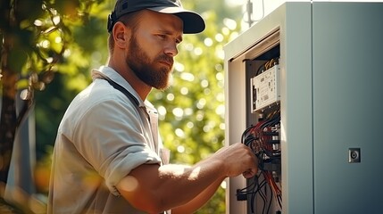 close-up handsome Electrician engineer repairing electrical box work tester measuring voltage and current of power electric line in electrical cabinet control, outdoor, outside