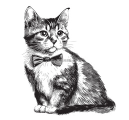 Kitten with bow tie hand drawn sketch in doodle style Vector illustration - obrazy, fototapety, plakaty