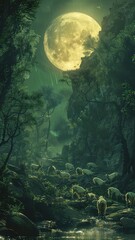 Obraz na płótnie Canvas A full moon illuminates a lush forest under a gentle rain, where deer graze by a sparkling stream, creating a serene nocturnal landscape.