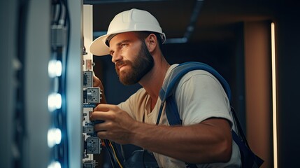 handsome electrician repairing electrical box with pliers in corridor and looking at camera, outside