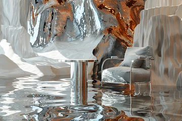 Tableaux ronds sur aluminium Montagne de la Table Craft a surreal sitting area with a chair and table emerging from a pool of liquid mercury, the reflective surface distorting the surrounding environment into a mesmerizing abstraction
