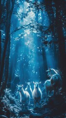 Sheep peacefully graze in a mystical moonlit forest, where ancient trees frame a luminous full moon, creating an enchanting and dreamlike atmosphere.