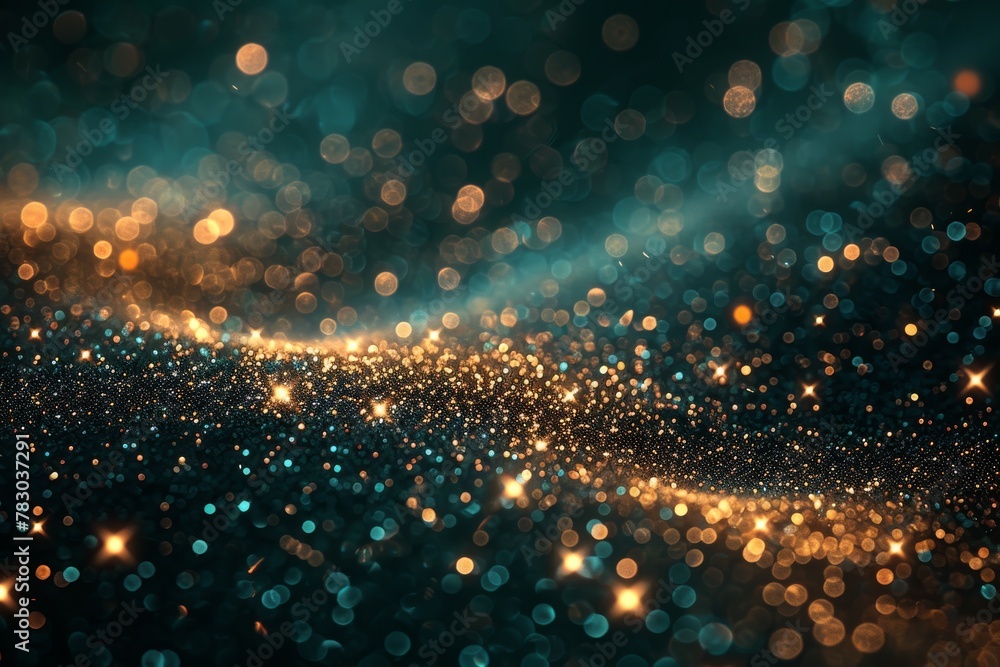 Poster abstract background of golden and teal bokeh lights gently blending to create a magical and festive 