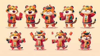 Cute tigers in traditional Chinese costumes raising their hands high with red envelopes in the year of the tiger