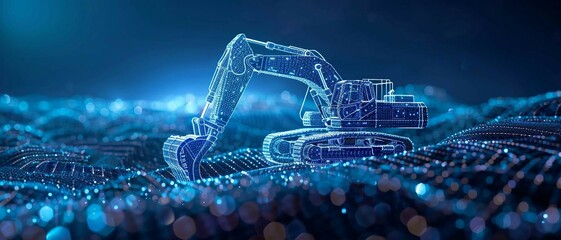smart blue digital excavator, ai in  construction site management systems, excavation planning algorithms, equipment maintenance schedules, and real-time monitoring for safety and efficiency.
