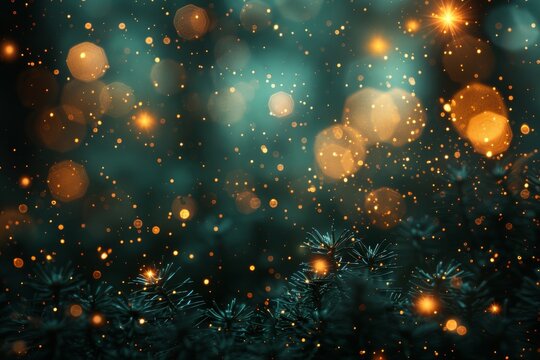 A captivating image of a festive scene with glittering holiday lights intertwined with rich green pine needles