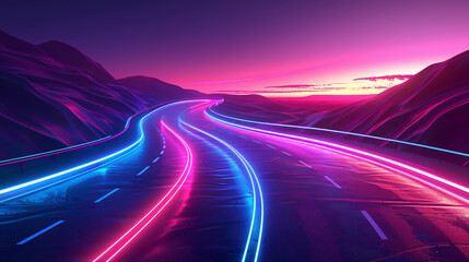Futuristic Neon Highway Background, Sunset Mountainscape, Glowing Roadscape - obrazy, fototapety, plakaty