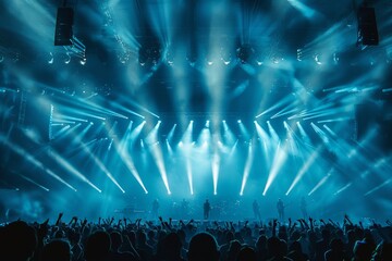 An exhilarating live rock show scene bathed in rich blue stage lights, showcasing the electric buzz...