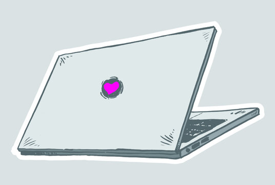 Laptop computer in ink drawing style, back view, surrounded by white space on light color background. Technology concept.
