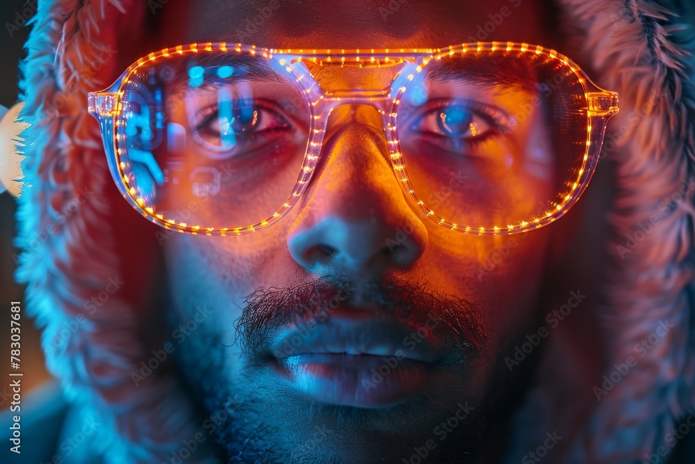 Poster this abstract image features a blend of blurred lights with dominant red and blue hues, creating an 
