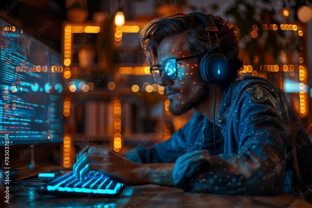 Poster an atmospheric shot of a developer deeply focused on coding, with a futuristic blue and orange cyber