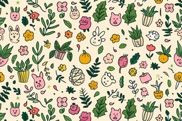 Cute animals, plants and flowers seamless pattern on beige background for nature lovers