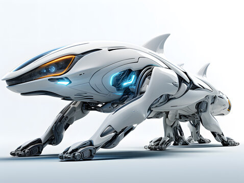 3D High-tech robot shark side view isolated on white background