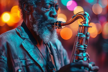 A detailed image capturing a saxophonist engrossed in playing his instrument amidst vibrant neon lights and blurry background - obrazy, fototapety, plakaty
