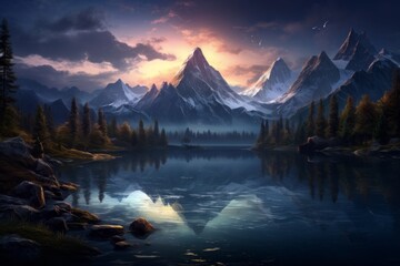 Twilight settling over a tranquil mountain range and serene lake - obrazy, fototapety, plakaty