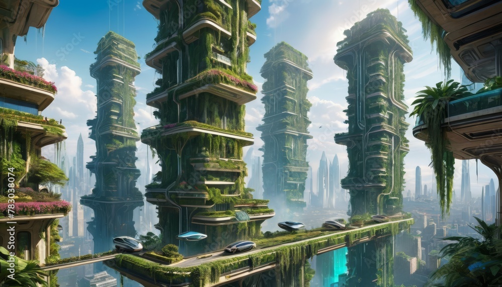 Poster a futuristic cityscape with towering green skyscrapers adorned with lush vegetation and advanced fly
