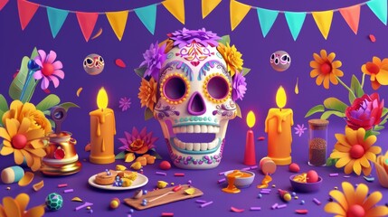 Banner with a sugar skull and burning candles, flowers, food, a shaker and flags for Dia de Muertos.