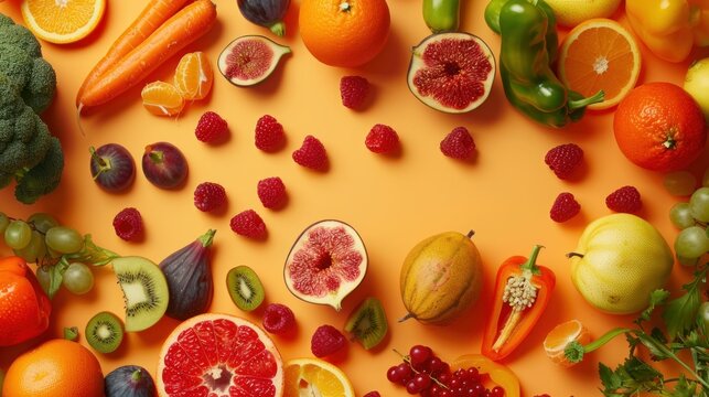 Assorted fruits and vegetables arranged in a circle on a yellow background with copy space