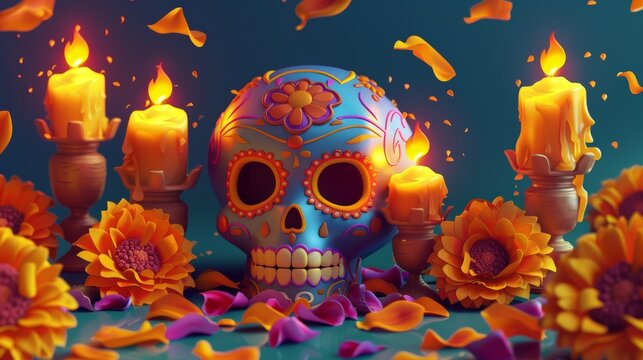 A set of three Day of the Dead elements that includes burning candles, orange marigolds, fall petals, and painted sugar skulls.