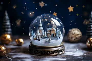 Fototapeta na wymiar Whimsical snow globe flatlay with miniature scenes, glitter, and a magical atmosphere