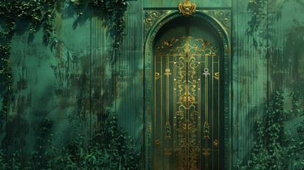 A green door with gold trim