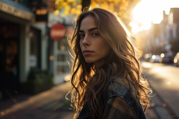 Portrait of a beautiful young woman on the street in the evening