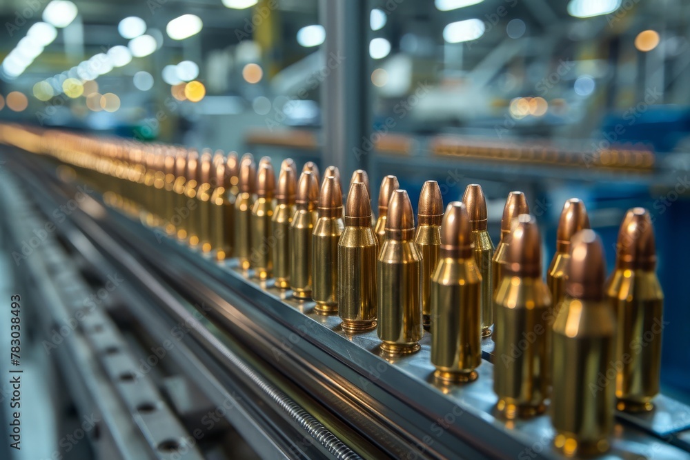 Poster precision-engineered bullets lined up on a conveyor belt in a factory symbolizing mass production an