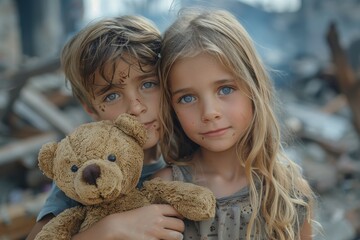 Two siblings cling to each other and a worn teddy bear among rubble and desolation, showing closeness