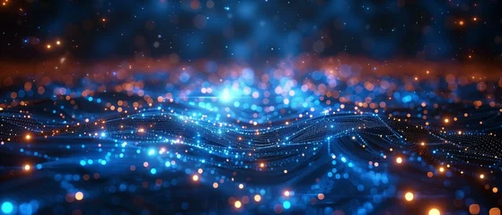 Foto op Plexiglas Technological evolution blue background with glowing lights, futuristic space celebration decoration blurred motion © antkevyv