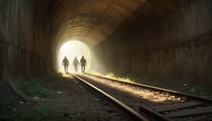 Silhouettes of three people walking through a sunlit tunnel, with rays of light illuminating the railway tracks and the rough tunnel interior.. AI Generation