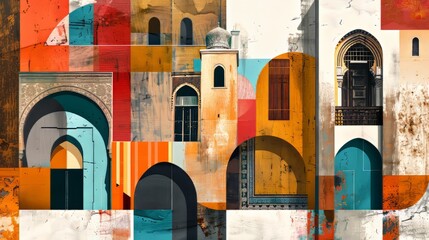 Abstract architectural collage featuring buildings, arches, and doorways