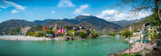 Rishikesh, yoga city India, Ganges River valley, Ganga, Panorama Landscape Photography, Uttarakhand...