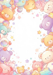 A frame of teddy bears with stars and a white background. Scene is playful and whimsical