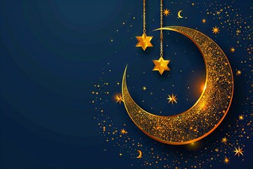 A golden crescent with stars on a dark background.