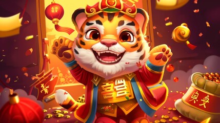 A graphics package for the Spring Festival featuring a cute tiger in the God of Wealth costume, gold ingots, and a glowing filled lucky bag with Chinese blessings written on it.