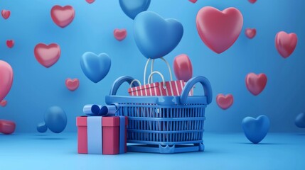 An illustration of a plastic shopping basket with shopping bag and gift box on a blue background with rising heart shaped balloons.